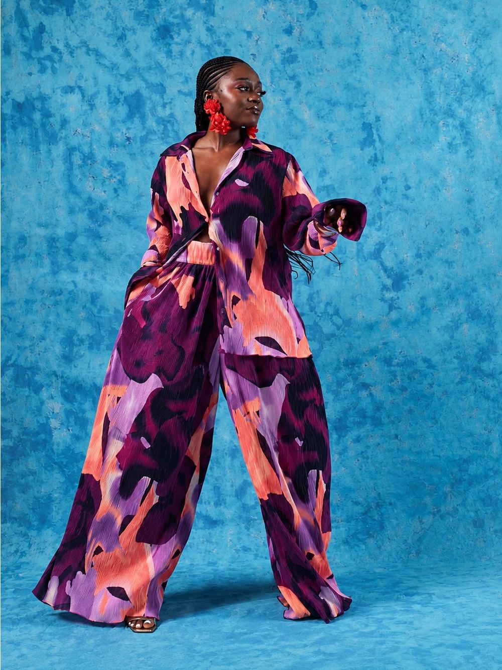 KAI Collective Mawuii Wide-Leg Abstract Print Pants - Purple & Peach